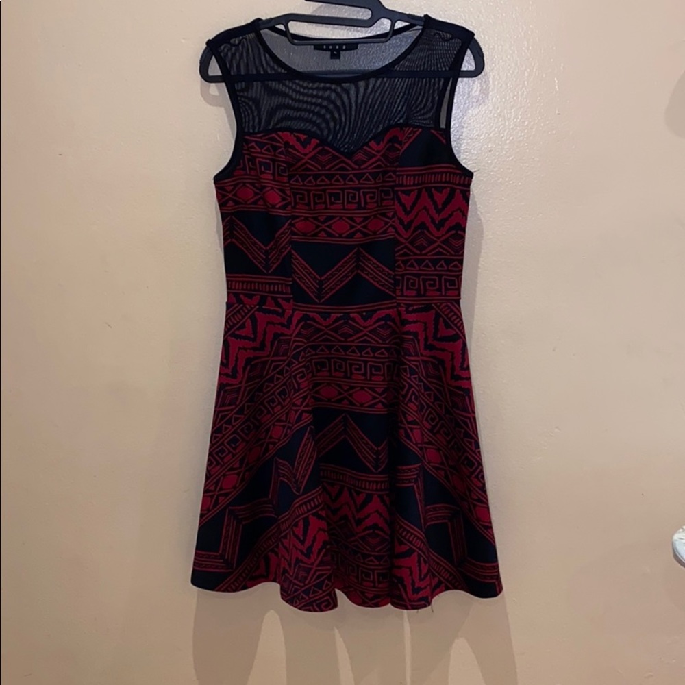 Black and red print fit and flare dress